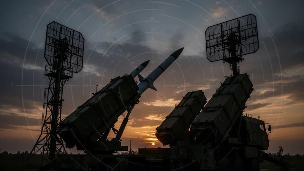 Военный радар и пусковая установка системы ПВО на боевом дежурстве на рассвете