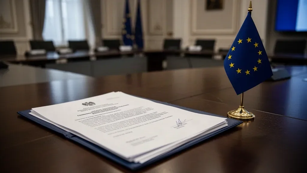 Прапор Європейського союзу поруч із прапором України на фоні зали засідань європейських інституцій