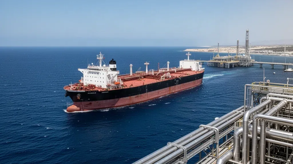 Нефтяной танкер в открытом море на фоне промышленного терминала