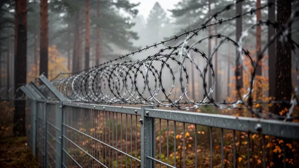 Огорожа з колючим дротом на ділянці лісового кордону восени