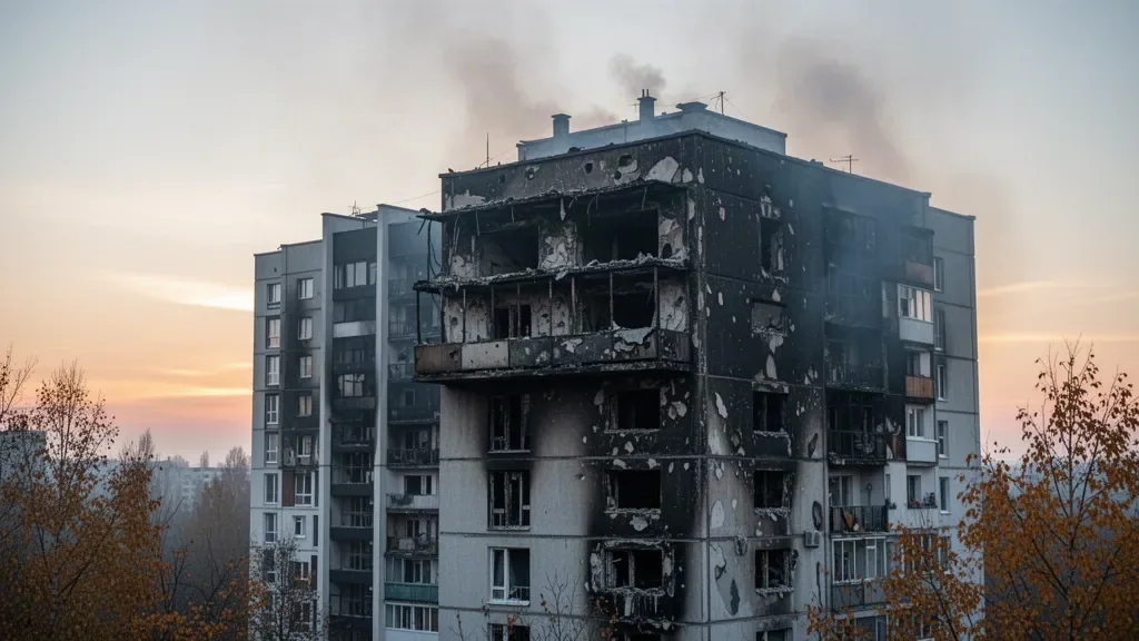 Пошкоджений фасад житлової багатоповерхівки з вибитими вікнами після пожежі