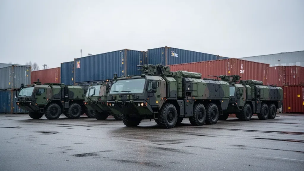 Военный грузовик и контейнеры с армейской амуницией на логистической базе возле флага НАТО